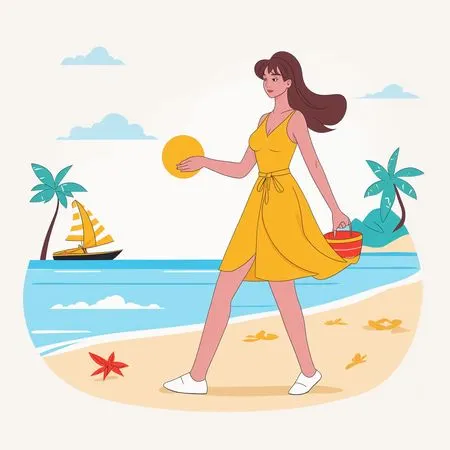 Free Woman Enjoying A Beach Walk On A Summer Day  AI Image