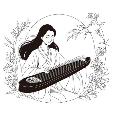 Free Woman Playing A Koto In A Floral Frame  AI Image