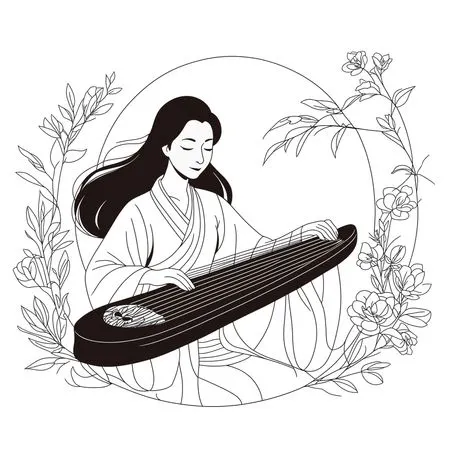 Free Woman Playing A Koto In A Floral Frame  AI Image