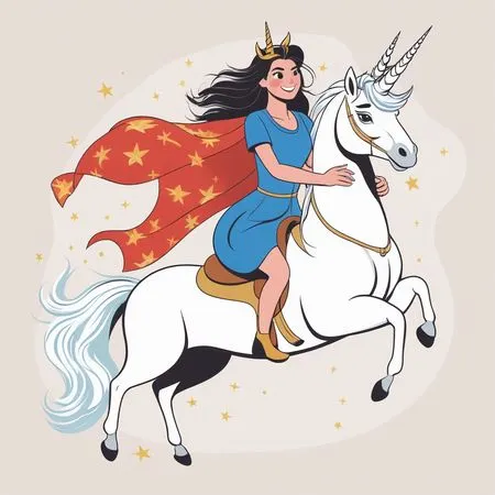 Free ケープと星をつけてユニコーンに乗る女性  AI画像