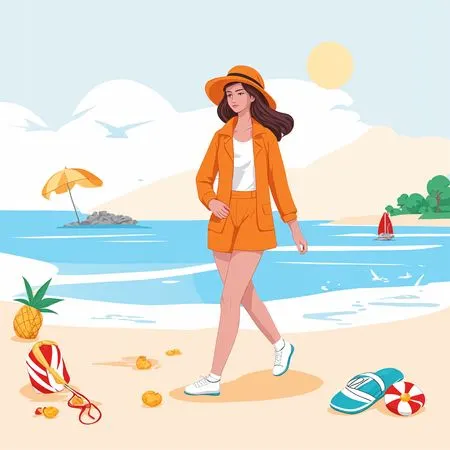 Free Woman Strolling On A Sunny Beach  AI Image