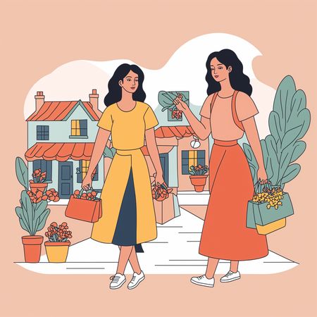 Free ビレッジストリートで買い物をする女性たち  AI画像