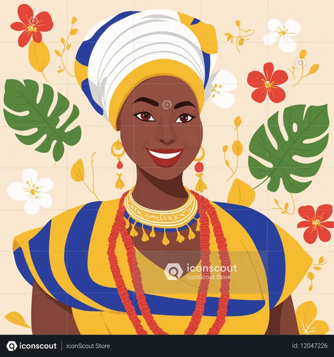 African Woman In Traditional Attire With Floral Background  AI Image