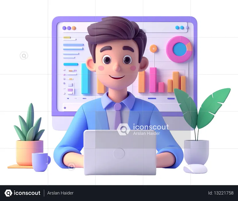 AI Businessman character working on a laptop with a data analysis dashboard on a computer screen showing charts and graphs for a business report  3D Illustration