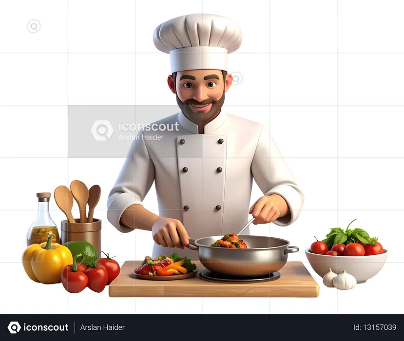 AI Chef character cooking a healthy meal with fresh vegetables  3D Illustration