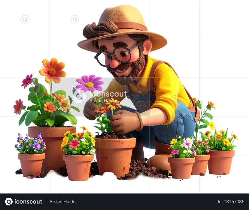 AI Gardener character planting flowers in pots.   man with beard and hat enjoying gardening hobby.  3D Illustration