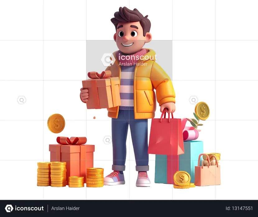 AI Hombre sosteniendo una caja de regalo y bolsas rodeadas de monedas de oro  Imagen