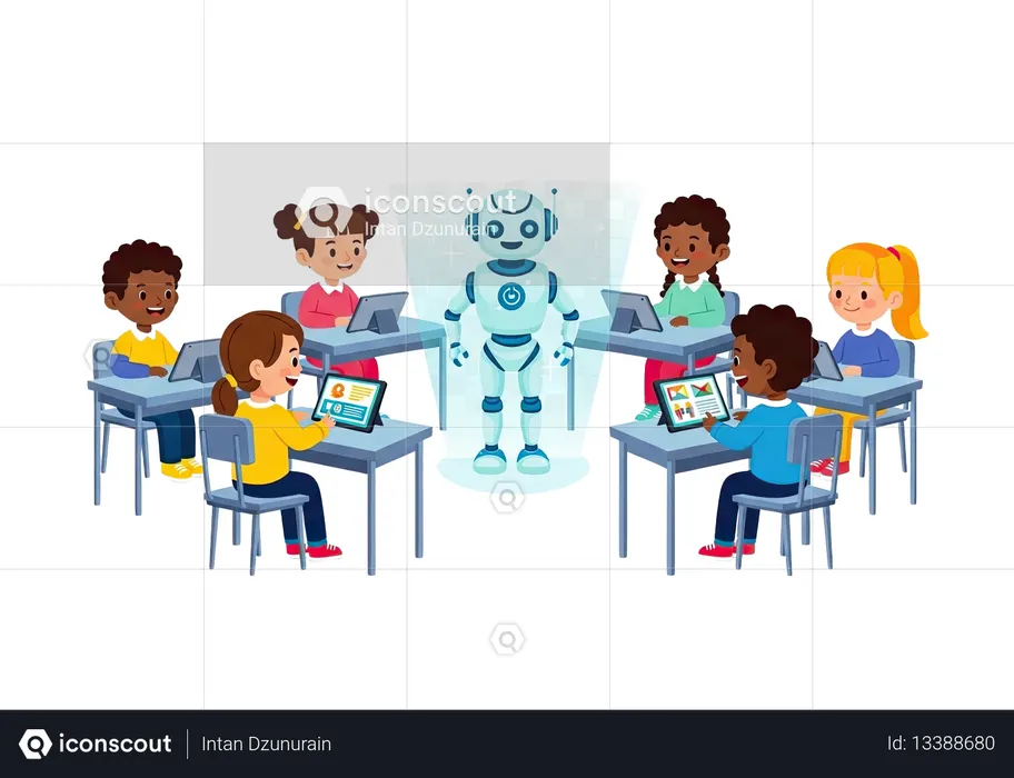 AI Sala de aula com inteligência artificial onde as crianças aprendem com assistentes holográficos e tablets inteligentes em um ambiente alegre.  Imagem