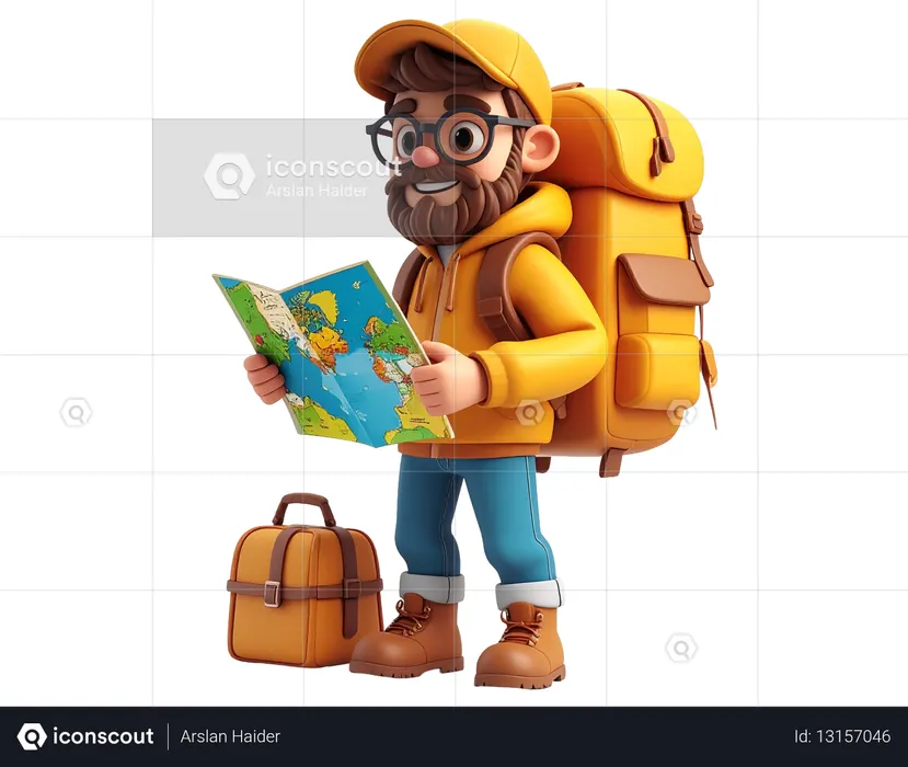 AI Traveler man with backpack and world map  3D Illustration