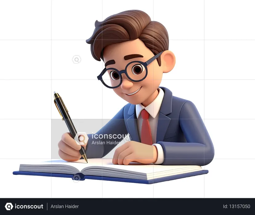 AI Young businessman  character writing in a notebook with a pen  3D Illustration