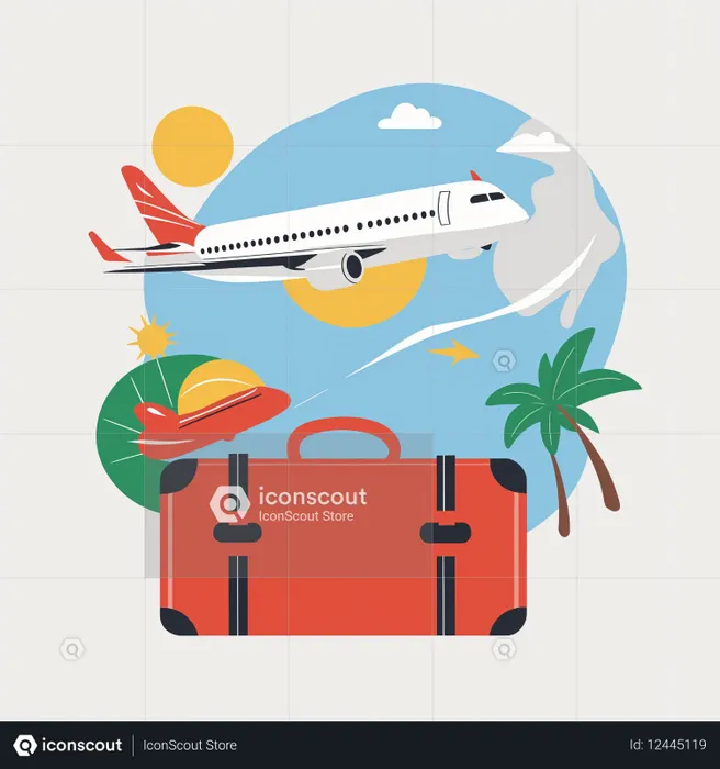 Airplane flying above a large suitcase  AI Image