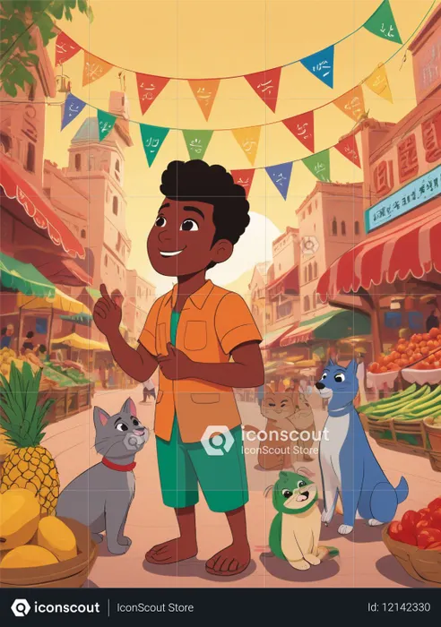 Boy In Market With Animals  AI Image