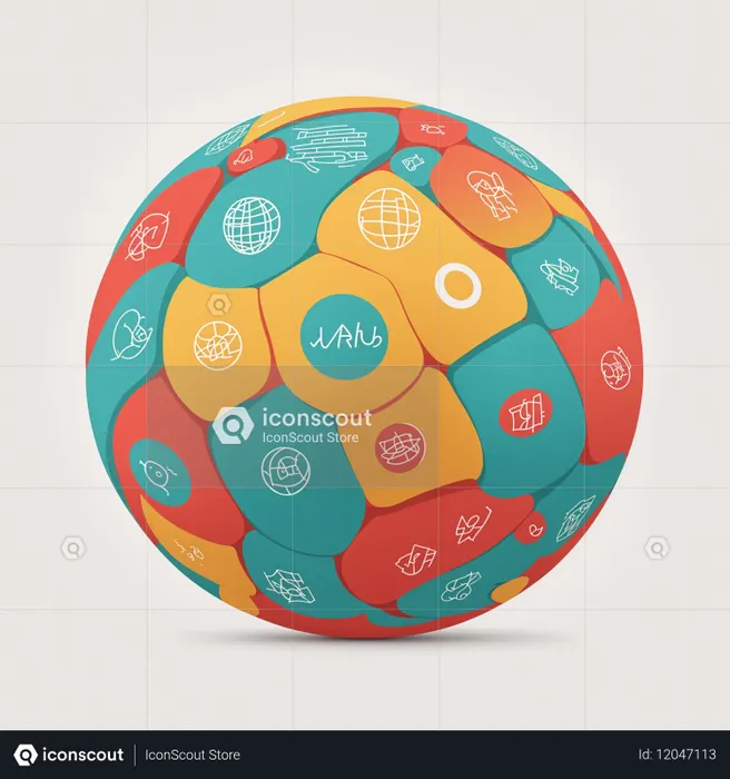 Bunte Kugel mit geometrischem Muster und abstrakten Symbolen  KI-Bild