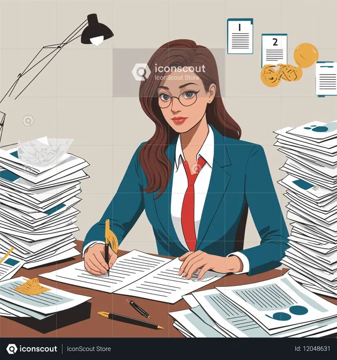 Businesswoman Working At A Desk Loaded With Paperwork  AI Image