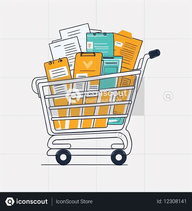 Carrinho de compras transbordando de documentos e pranchetas  Imagem de IA
