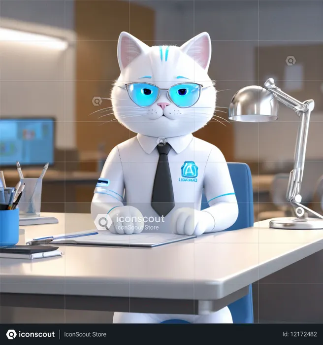 Cat Sitting on Office Desk  AI Image