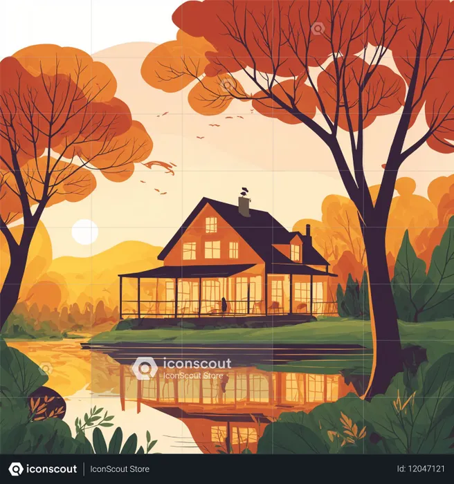 Cozy House By Lake In Autumn With Vibrant Foliage  AI Image