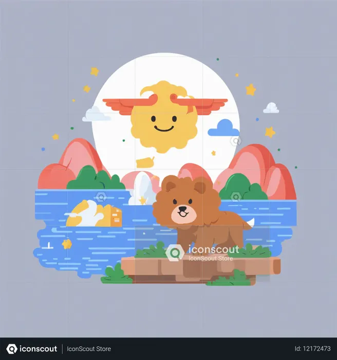Cute Lion In A Whimsical Landscape With A Smiling Sun  AI Image