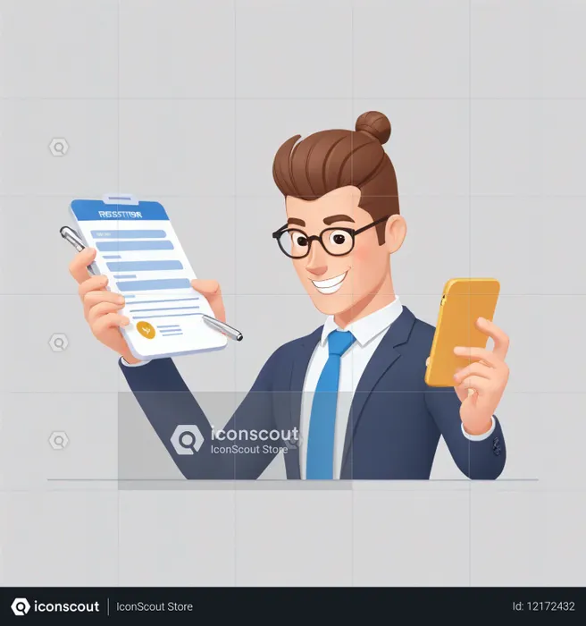 Empresário com prancheta e smartphone  Imagem de IA
