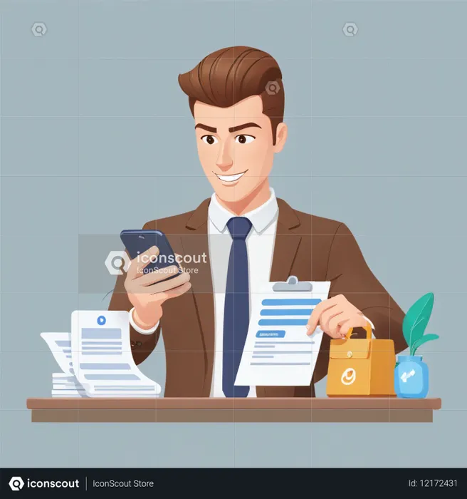 Empresário lendo documentos no smartphone  Imagem de IA
