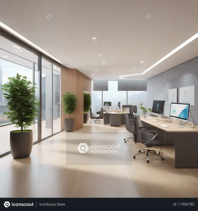 Espace de bureau moderne avec lumière naturelle et verdure  Image IA