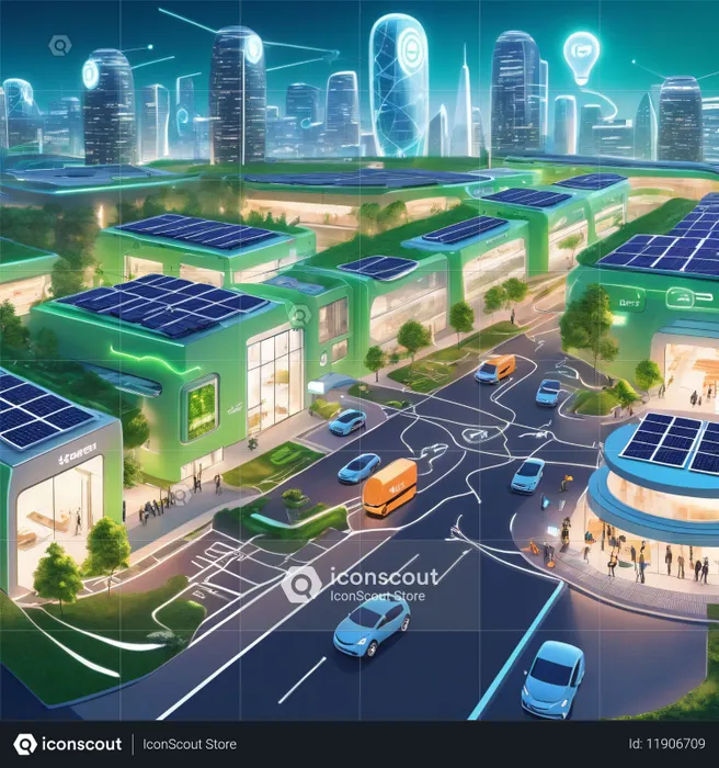 Futuristisches Stadtbild mit intelligenter Technologie und grüner Architektur  KI-Bild