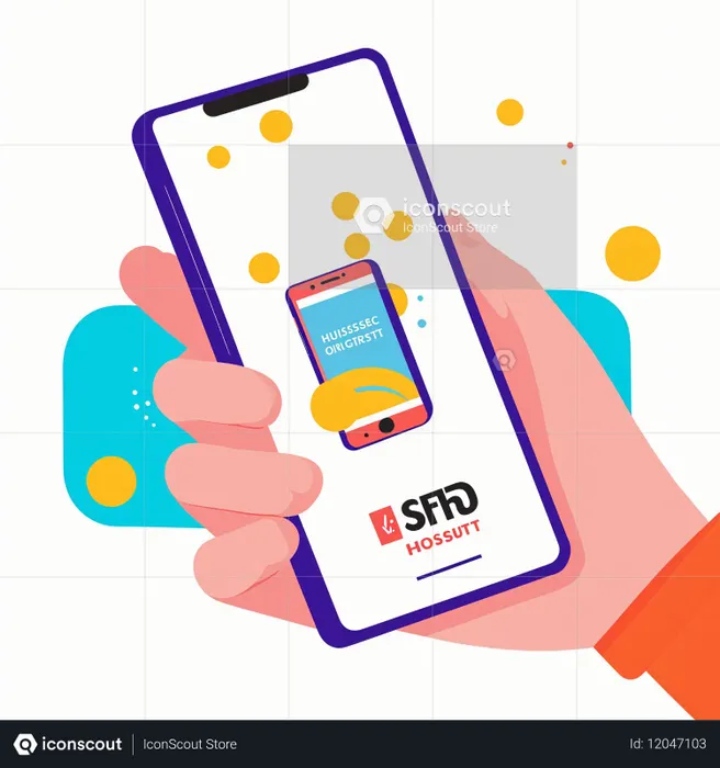 デジタルインターフェースを備えたスマートフォンを持つ手  AI画像