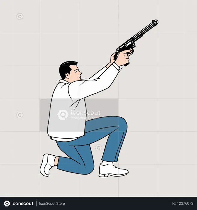 Homem ajoelhado apontando arma  Imagem de IA
