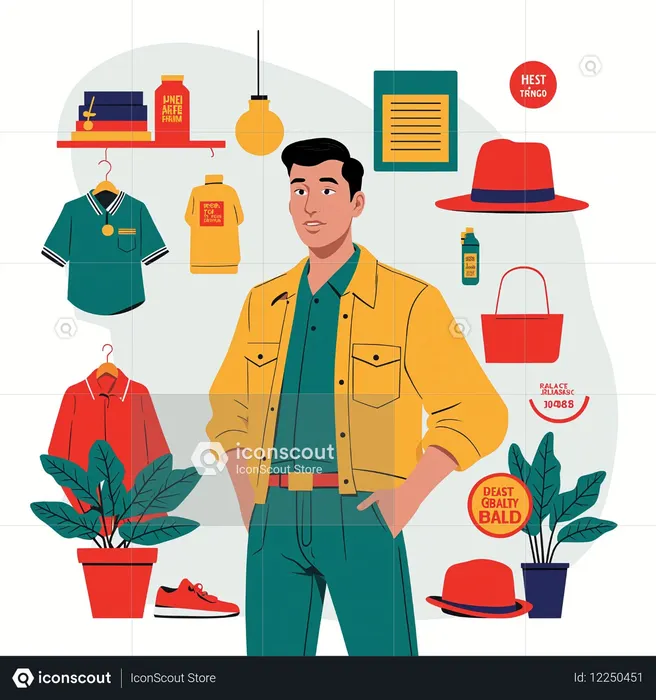 Homem estiloso cercado por itens da moda  Imagem de IA