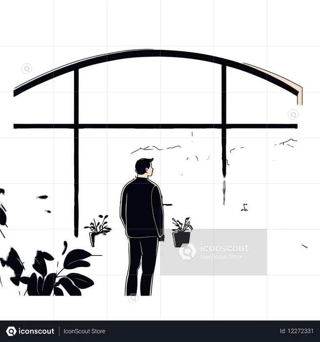 Man Gazes At City Skyline Through Large Window  AI Image