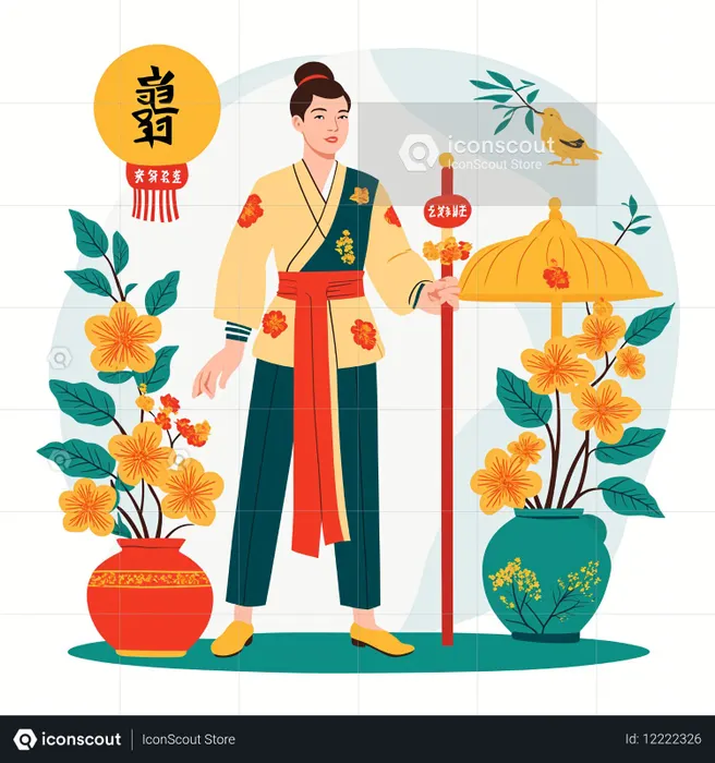 Man In Traditional Asian Attire With Floral Elements  AI Image