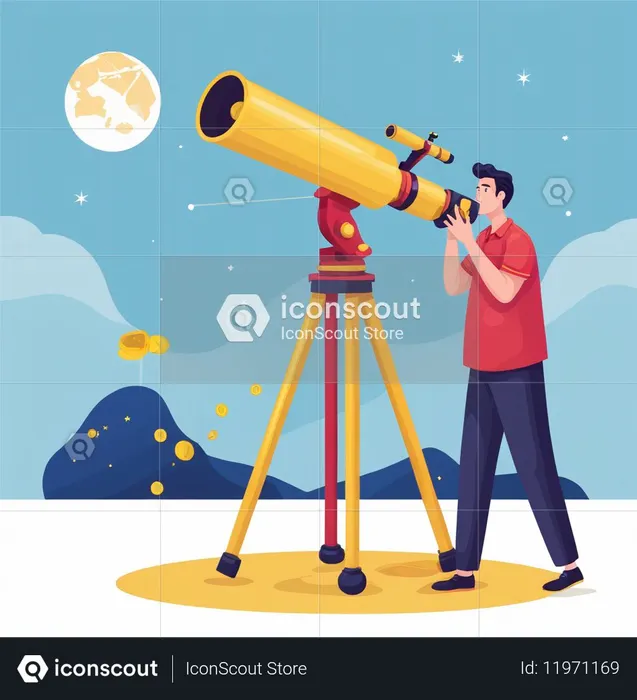 Man Observes Moon Through Telescope  AI Image
