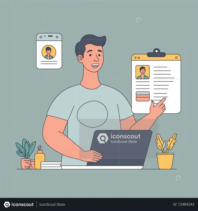 Man Reviewing Digital Profiles With A Laptop  AI Image