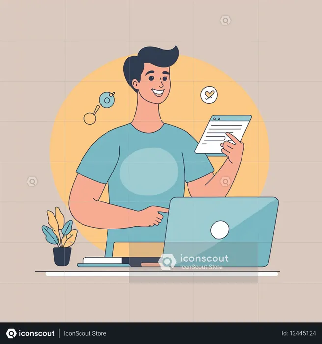 Mann arbeitet an einem Schreibtisch mit einem Laptop  KI-Bild