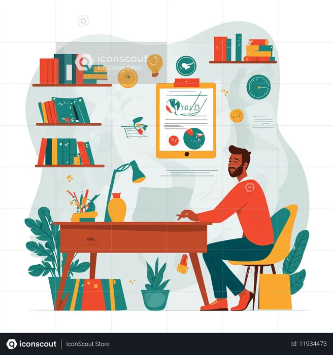 Mann arbeitet am Schreibtisch im Homeoffice  KI-Bild