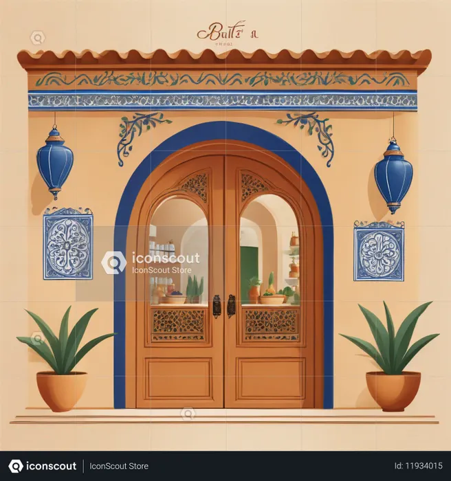 Mediterranean style Ornate Doorway With Blue Accents  AI Image