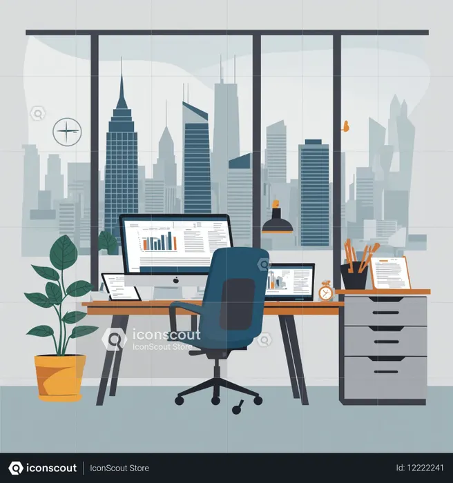 Modern Office Workspace With City View  AI Image