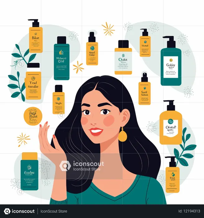 Mujer rodeada de productos para el cuidado del cabello  Imagen AI
