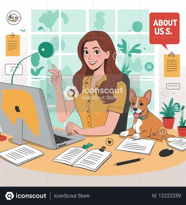 Mulher trabalhando em um escritório com um cachorro  Imagem de IA