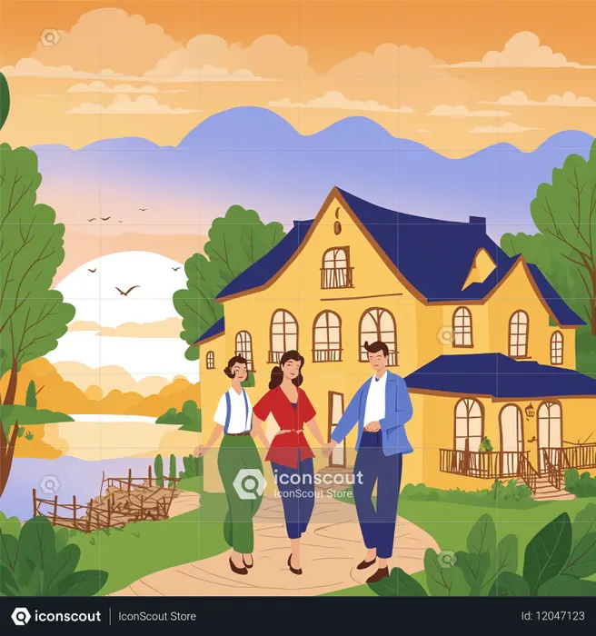 People Walking By House At Sunset  AI Image