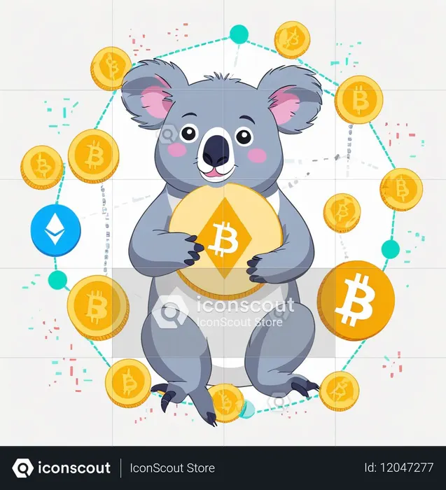 Um coala segurando um Bitcoin e cercado por símbolos de criptomoedas  Imagem de IA