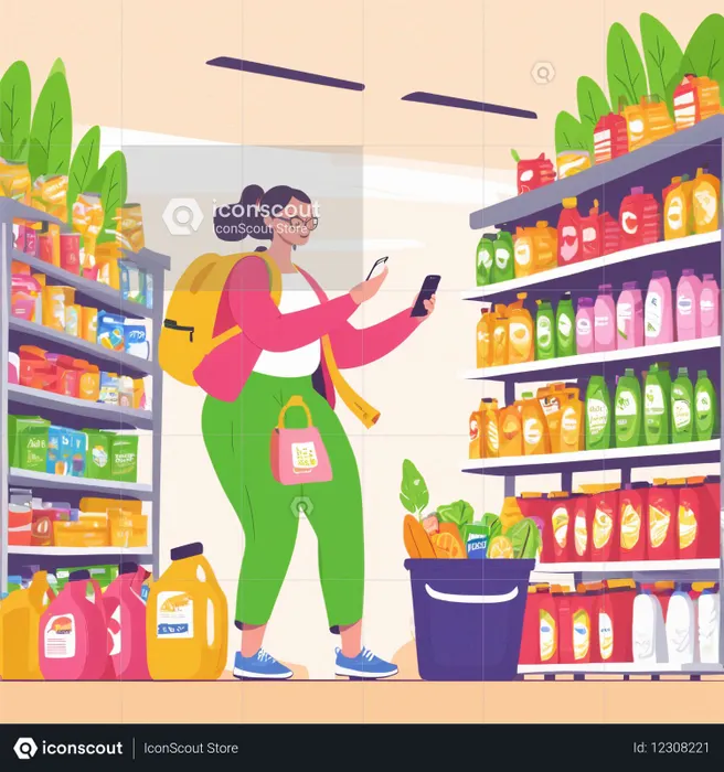 Woman Shopping In A Supermarket Using Smartphone  AI Image