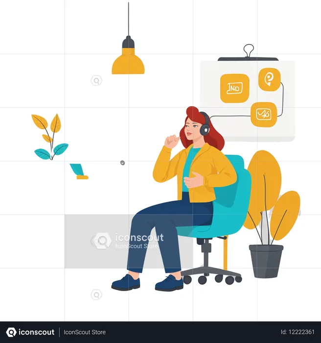 Woman Working At Desk With Headset And Computer  AI Image