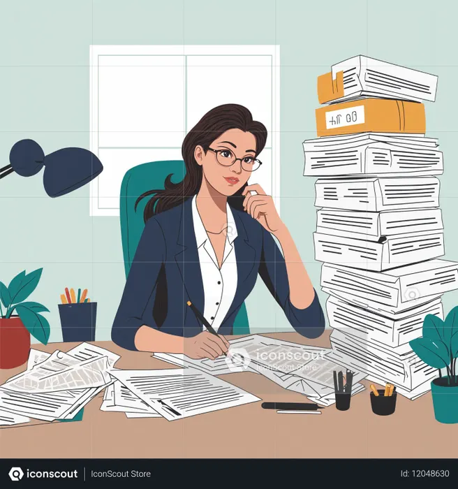 Woman Working On Paperwork In A Busy Office Setting  AI Image