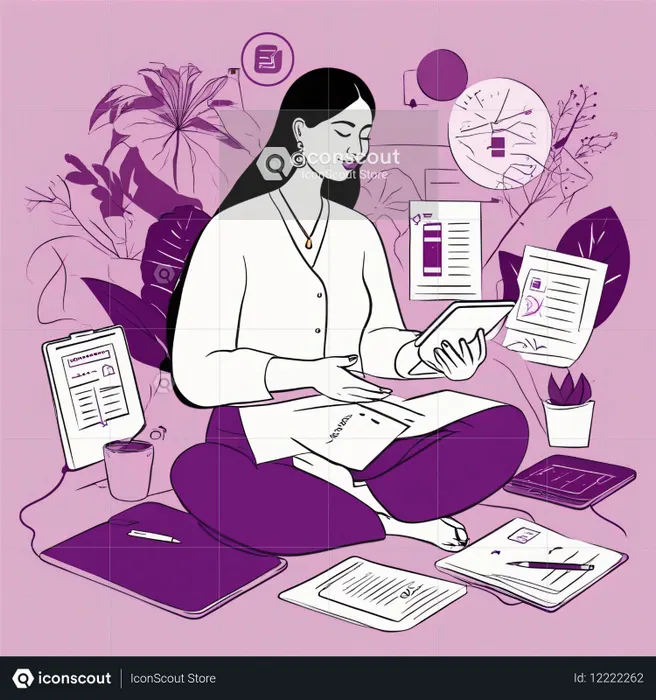 Woman Working With Documents And Tablet  AI Image