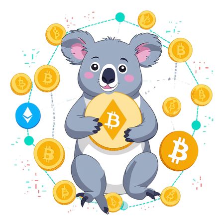A Koala Holding A Bitcoin and Surrounded By Cryptocurrency Symbols  AI Image