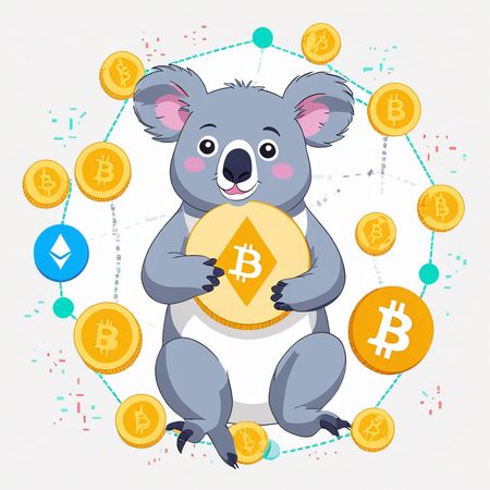 A Koala Holding A Bitcoin and Surrounded By Cryptocurrency Symbols  AI Image