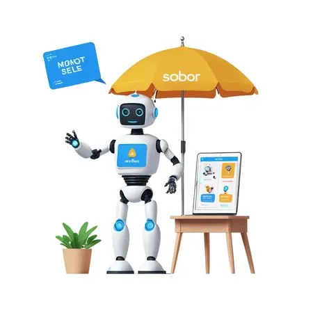 A Robot Interacting With A Digital Display And Umbrella  AI Image