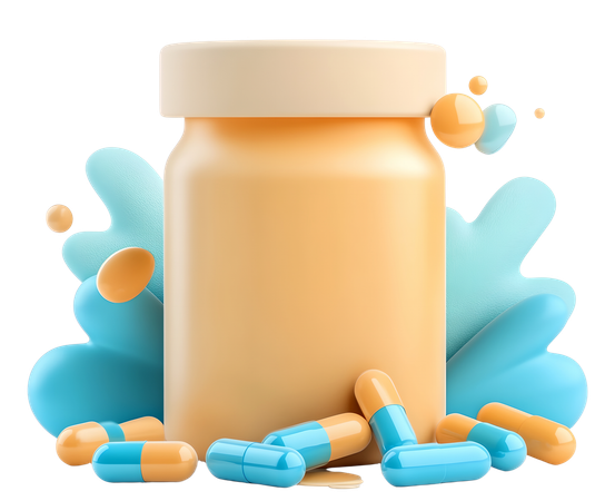 AI 医薬品のボトル、カプセル、錠剤を無地の背景に並べたもので、ヘルスケア医薬品製品と 画像