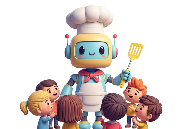 AI A cheerful 3D cooking scene where children and a robot chef create tasty dishes together  3D Illustration
